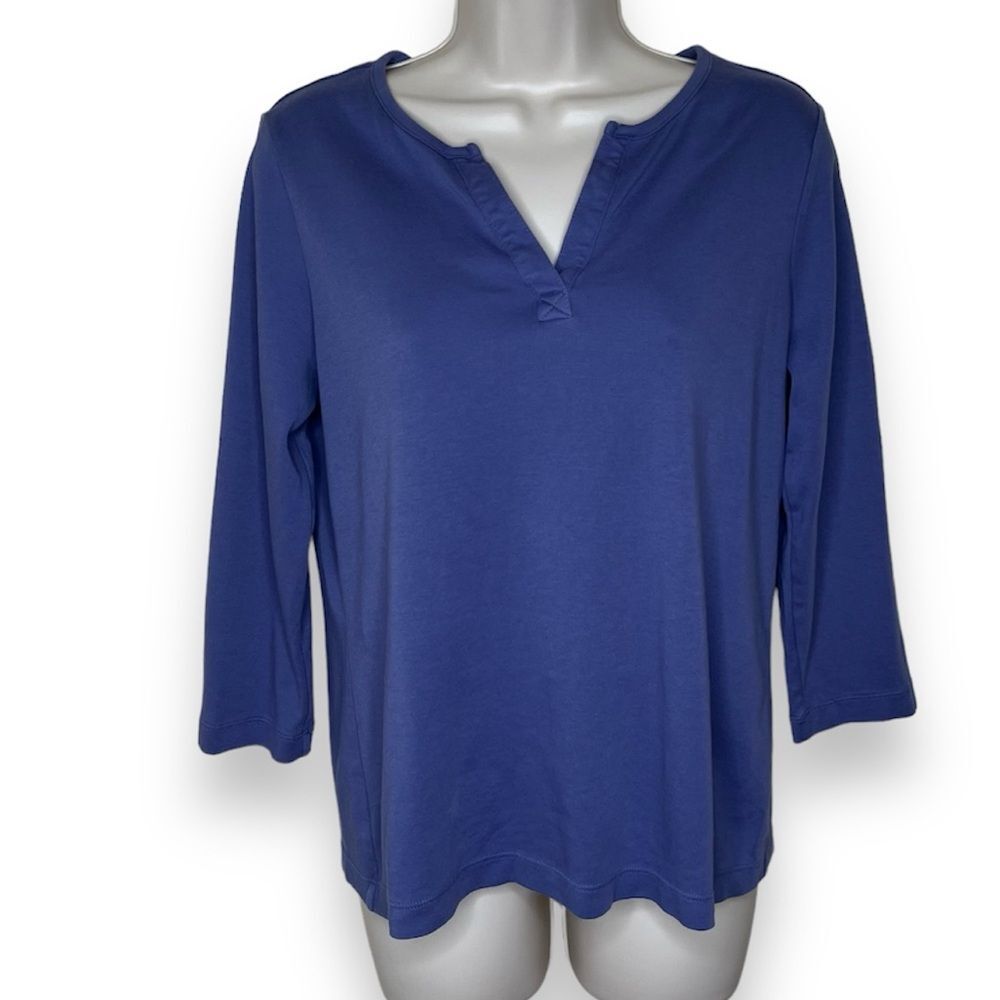 Kim Rogers Dusty Purple Split Neck 3/4 Sleeve Cotton T Shirt Women Size Medium